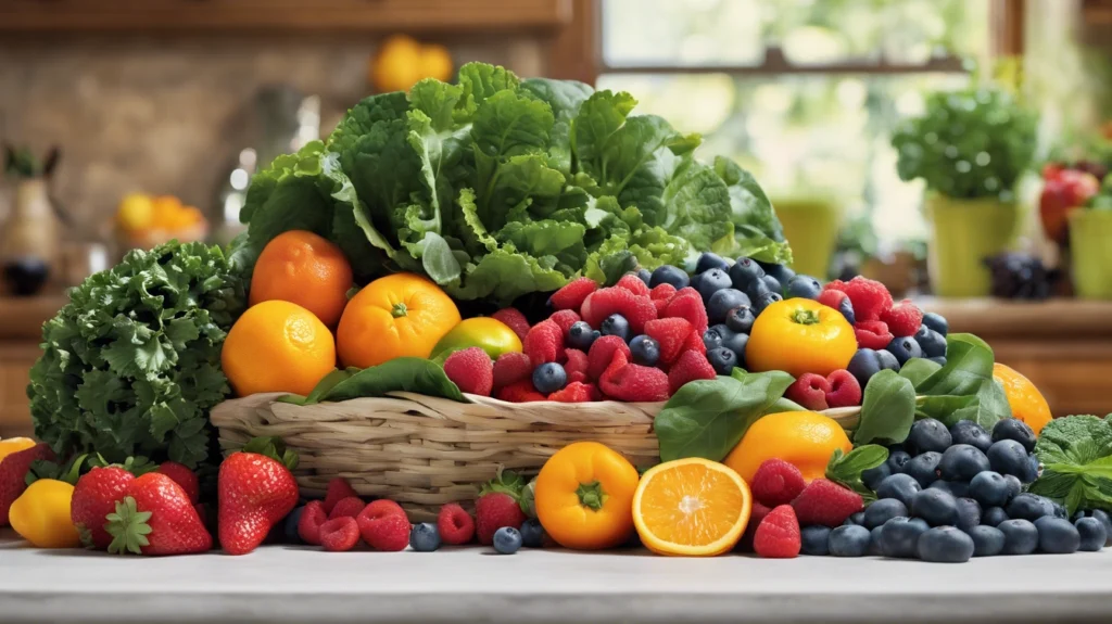 A vibrant assortment of colorful fruits and vegetables displayed on a counter and in a basket, symbolizing the power of natural foods to reduce breast cancer risk.