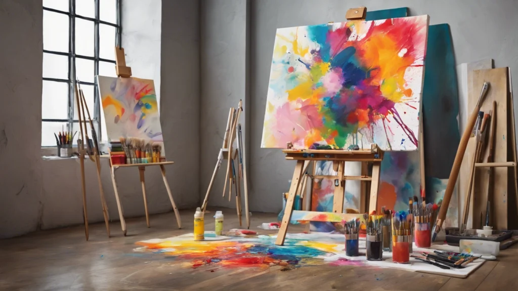 An art easel surrounded by art supplies and paint on a hardwood floor, symbolizing creativity and the transformative journey from fear to courage during breast cancer recovery.