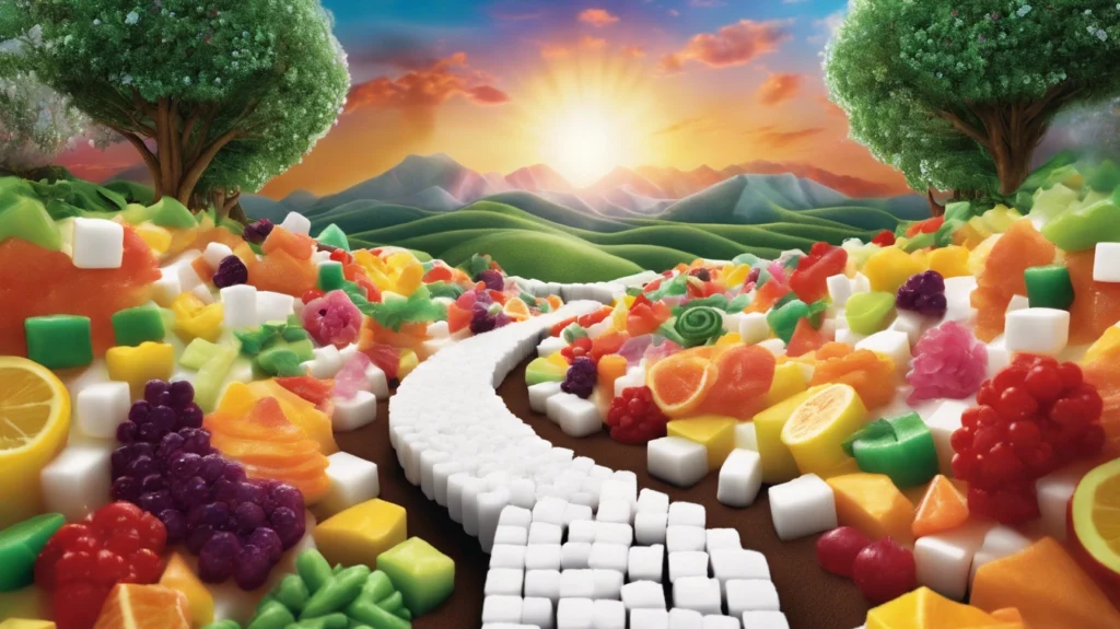 A path made of sugar cubes with sweets lining both sides, symbolizing the relationship between diabetes and breast cancer risk.