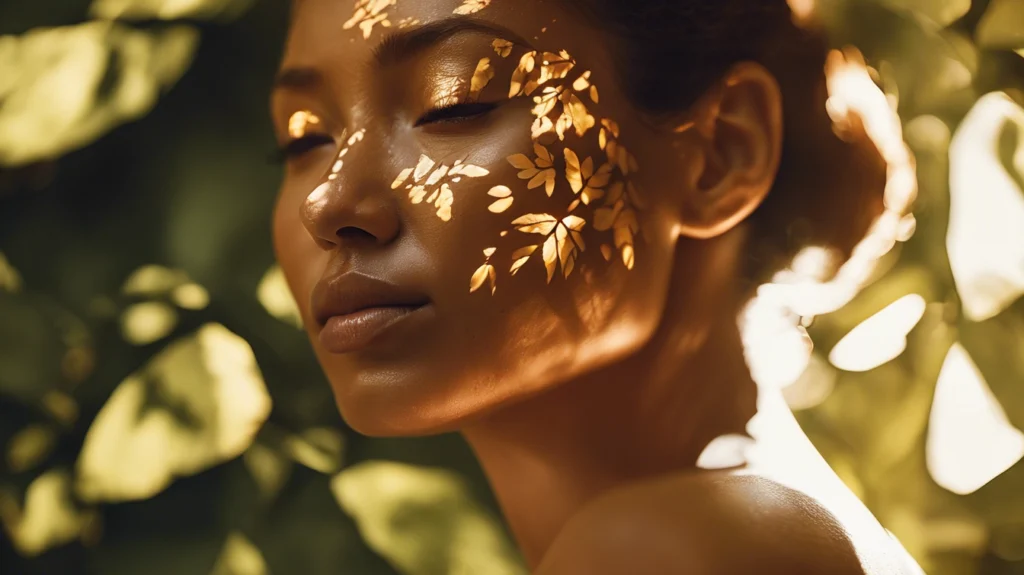 A woman with her eyes closed, glowing in sunlight, with gold leaf accents on her face, symbolizing the role of Vitamin D in supporting breast cancer health.