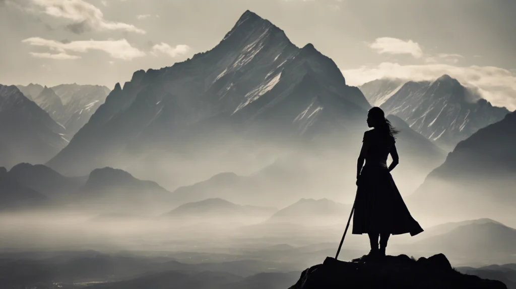 A woman warrior standing on a cliff, gazing over a mountain range, symbolizing the inner strength gained through fasting to support breast cancer treatment.