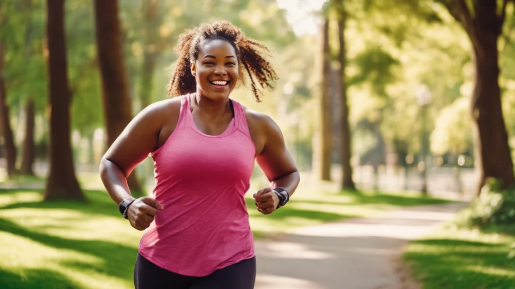 A smiling woman jogging through a park, wearing a pink tank top, symbolizing the role of exercise and weight management in reducing breast cancer risks.