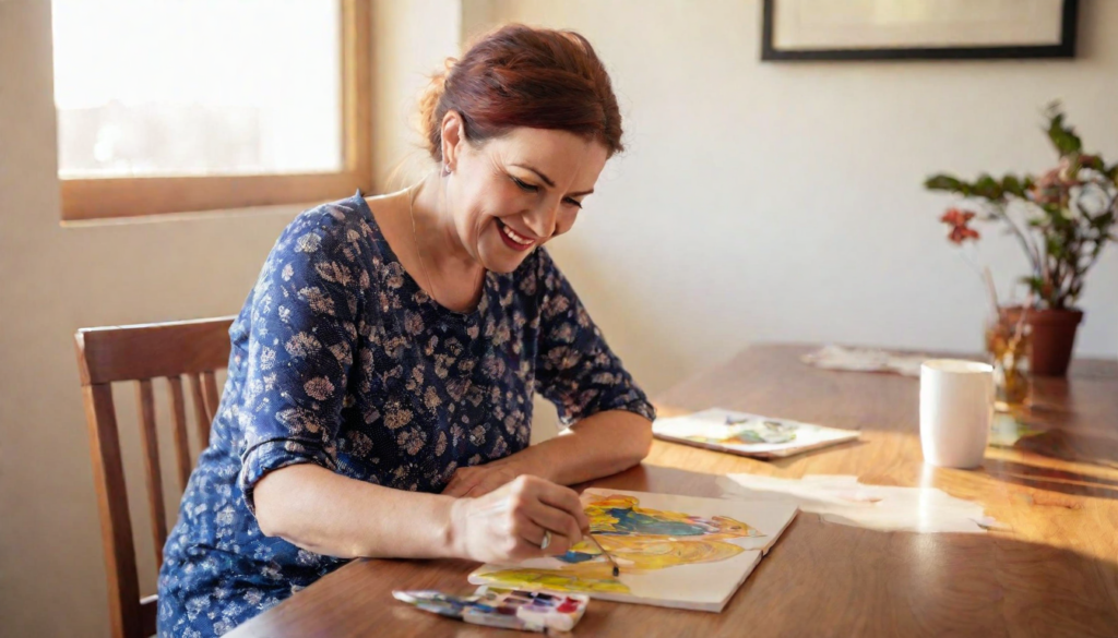 A happy older woman painting at her dining room table, symbolizing the importance of creativity and relaxation in managing stress during breast cancer recovery.