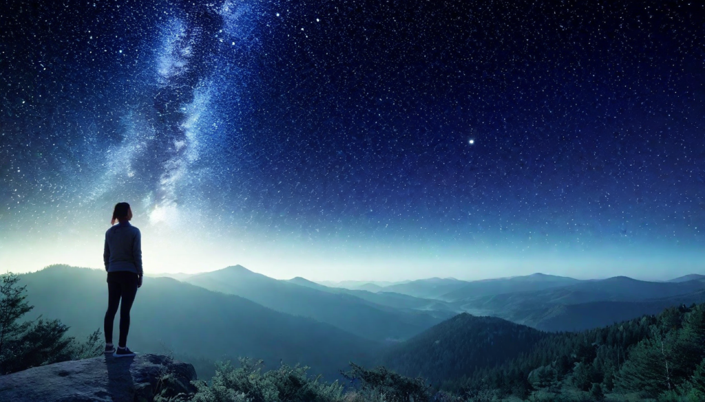 A woman standing on a cliff, gazing at stars and the galaxy, symbolizing the connection between lifestyle choices, gene health, and breast cancer outcomes.