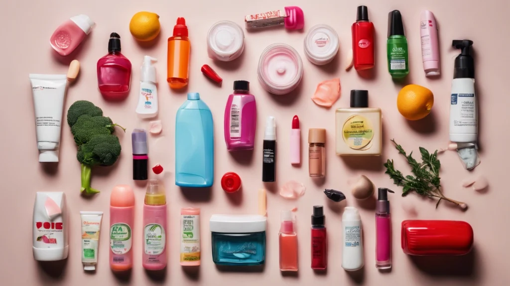 An assortment of plastic bottles in various shapes and sizes, symbolizing the impact of environmental pollutants on breast cancer risks.