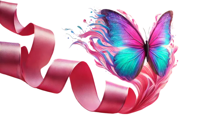 A butterfly paired with a pink ribbon, symbolizing transformation, hope, and breast cancer awareness