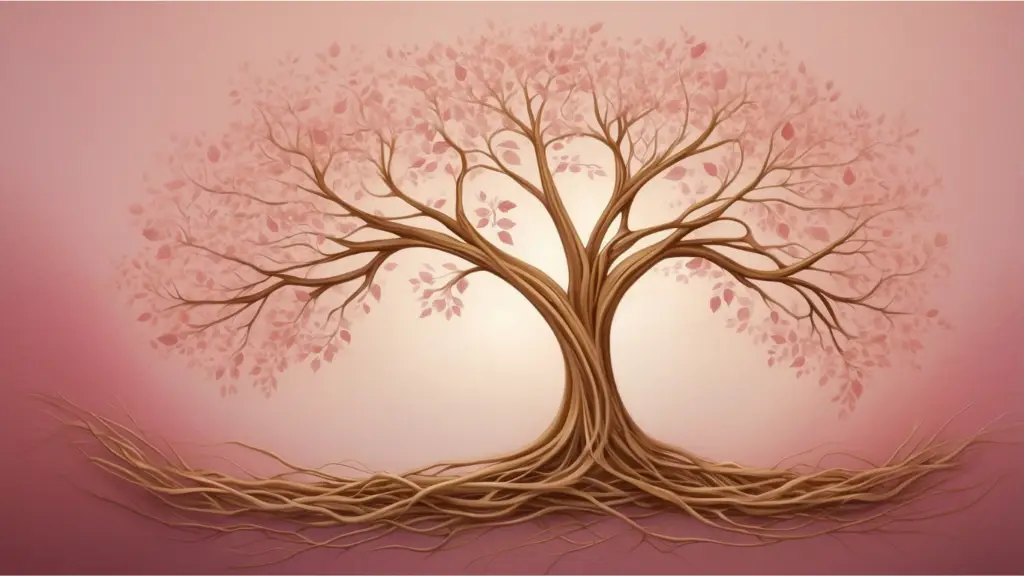 A mission tree with deep roots against a soft pink background, symbolizing growth, strength, and connection