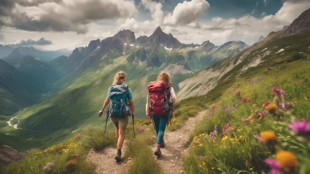 Two women in recovery hiking up a mountain, symbolizing strength, determination, and a positive approach to healing