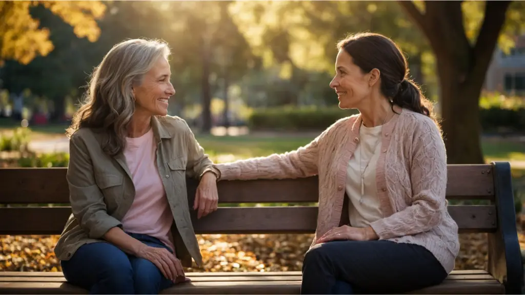 Two women sitting on a park bench, engaging in a heartfelt conversation about breast cancer, symbolizing support and understanding