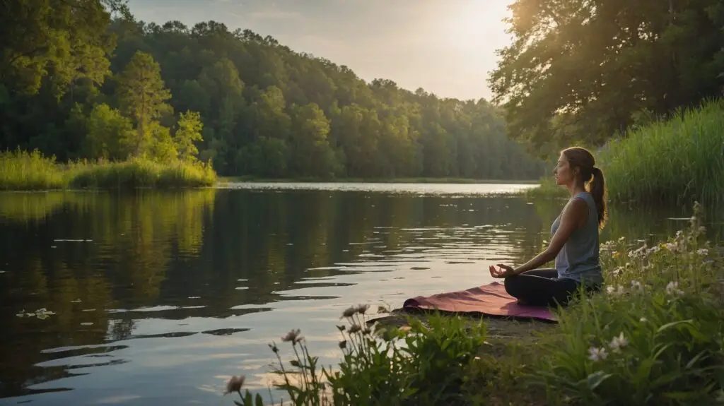 A woman practicing yoga by a peaceful lake, promoting mindfulness, relaxation, and well-being