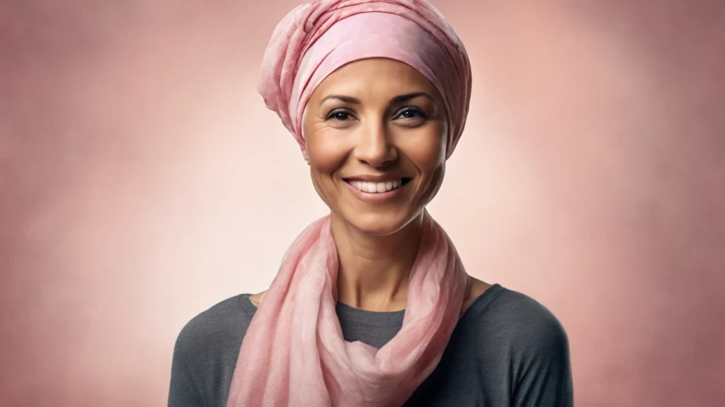 A joyful woman recovering from breast cancer, smiling and radiating positivity and hope