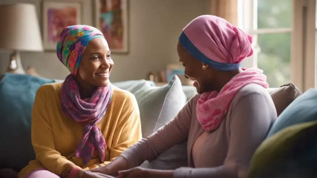 Two women with breast cancer comforting each other, showing support and solidarity in a moment of connection