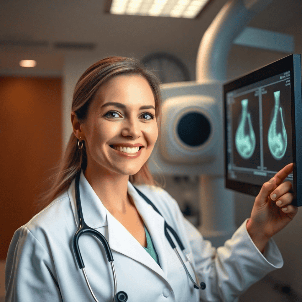 A female doctor in a lab coat reviewing a mammogram scan on a medical screen, explaining the results to a concerned patient.