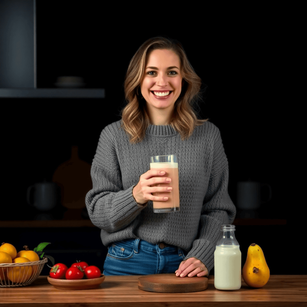 A woman preparing a smoothie with a dairy-free alternative, highlighting a balanced approach to dairy and breast cancer.