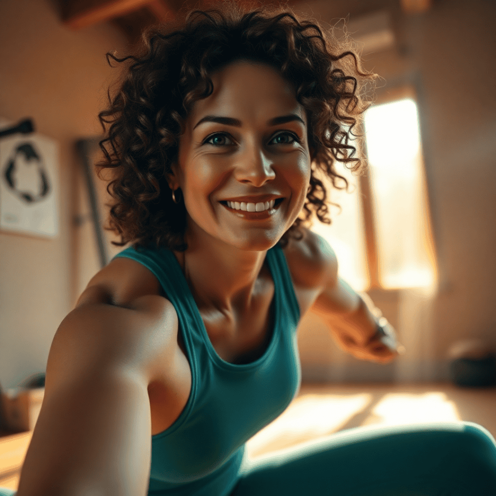A woman performing strength exercises to lower breast cancer risk, engaging in a workout routine at home or outdoors.