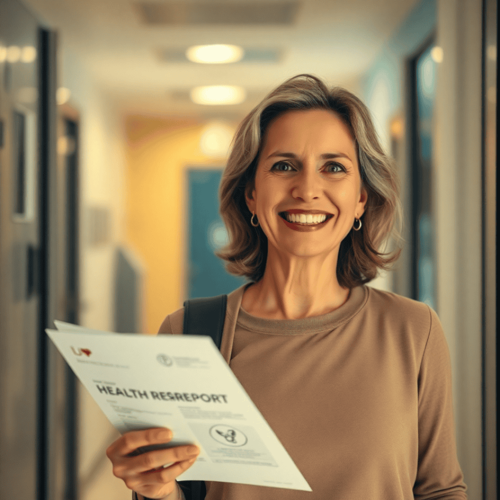 A smiling woman leaving a medical clinic, holding a health report, feeling relieved after a breast cancer screening.
