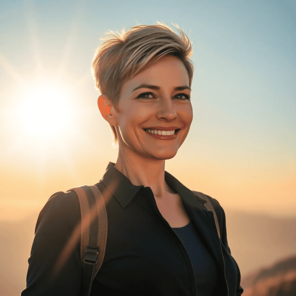 A breast cancer survivor stands on a hilltop at sunrise, looking toward the horizon, symbolizing hope and a future beyond cancer.