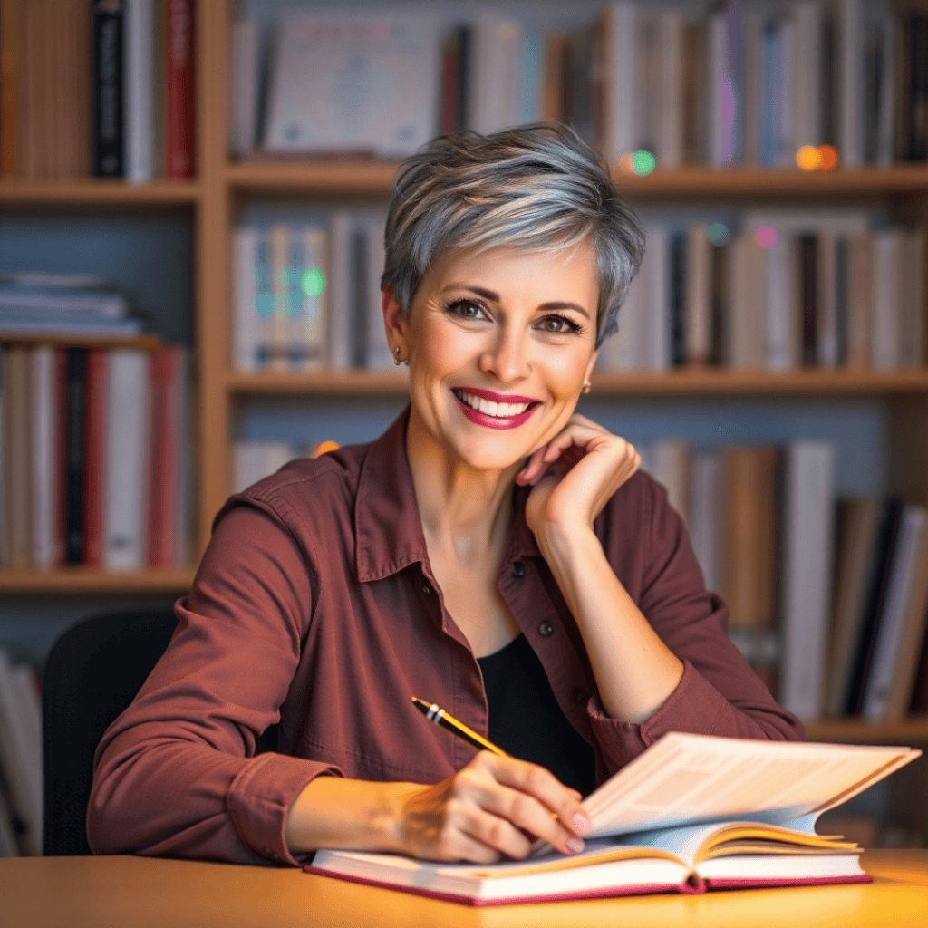 A breast cancer survivor sits at a desk, reviewing survival rate statistics in a notebook, taking notes on prognosis and long-term survival.