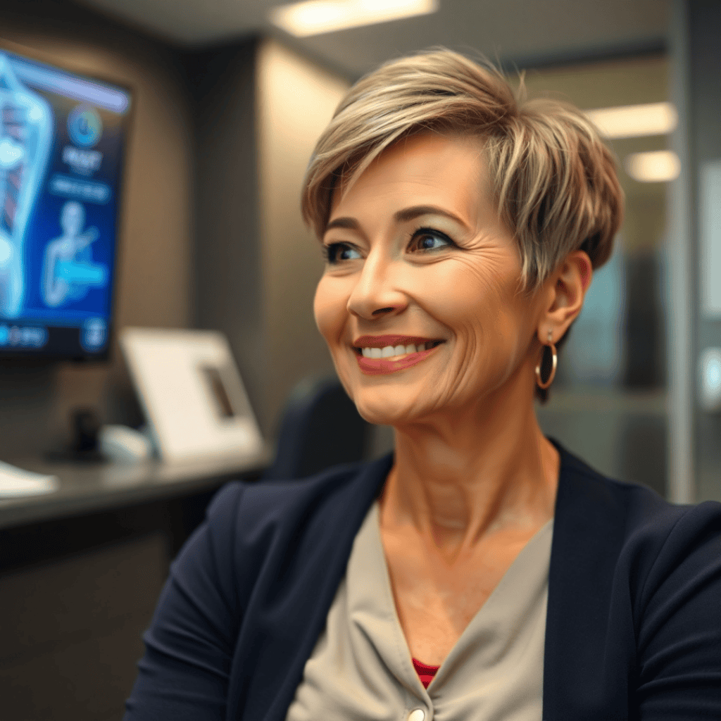 A breast cancer survivor sits in a doctor’s office, listening attentively as a physician explains new treatment options for improving survival rates.
