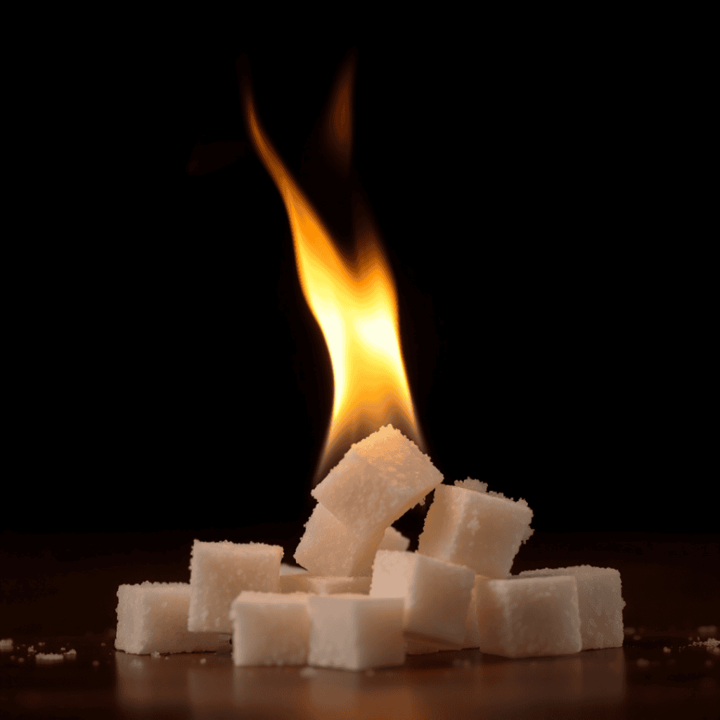 A dramatic image of sugar cubes catching fire, symbolizing how excess sugar fuels inflammation and chronic health risks.