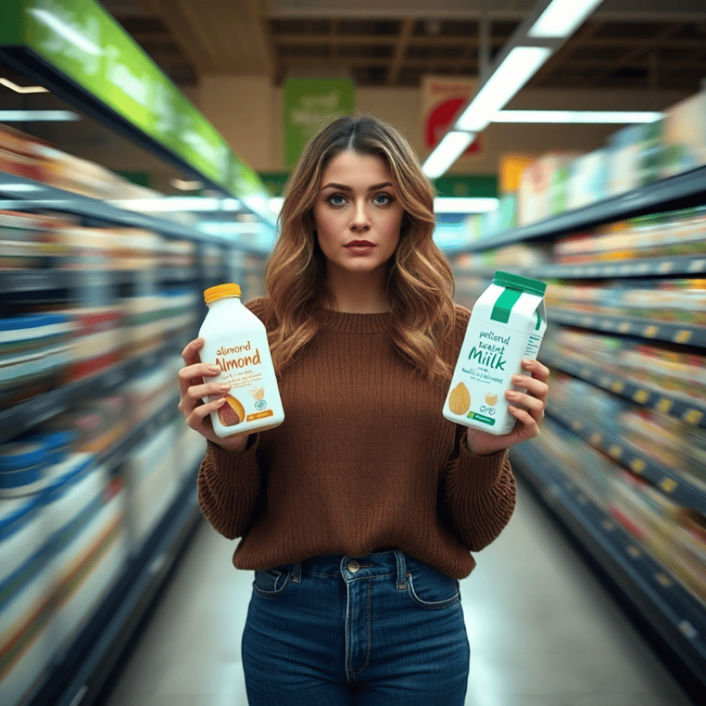 A woman comparing dairy and plant-based milk options at a grocery store, considering a dairy-free diet for cancer prevention.