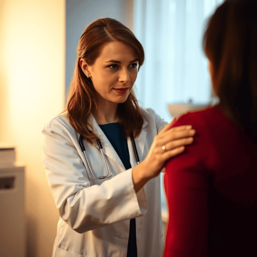 A female doctor demonstrates how to perform a breast self exam in front of a mirror while guiding a patient.