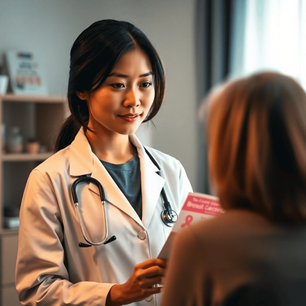 A female doctor in a white coat explains breast cancer warning signs to a patient, using an educational chart in a modern medical office.