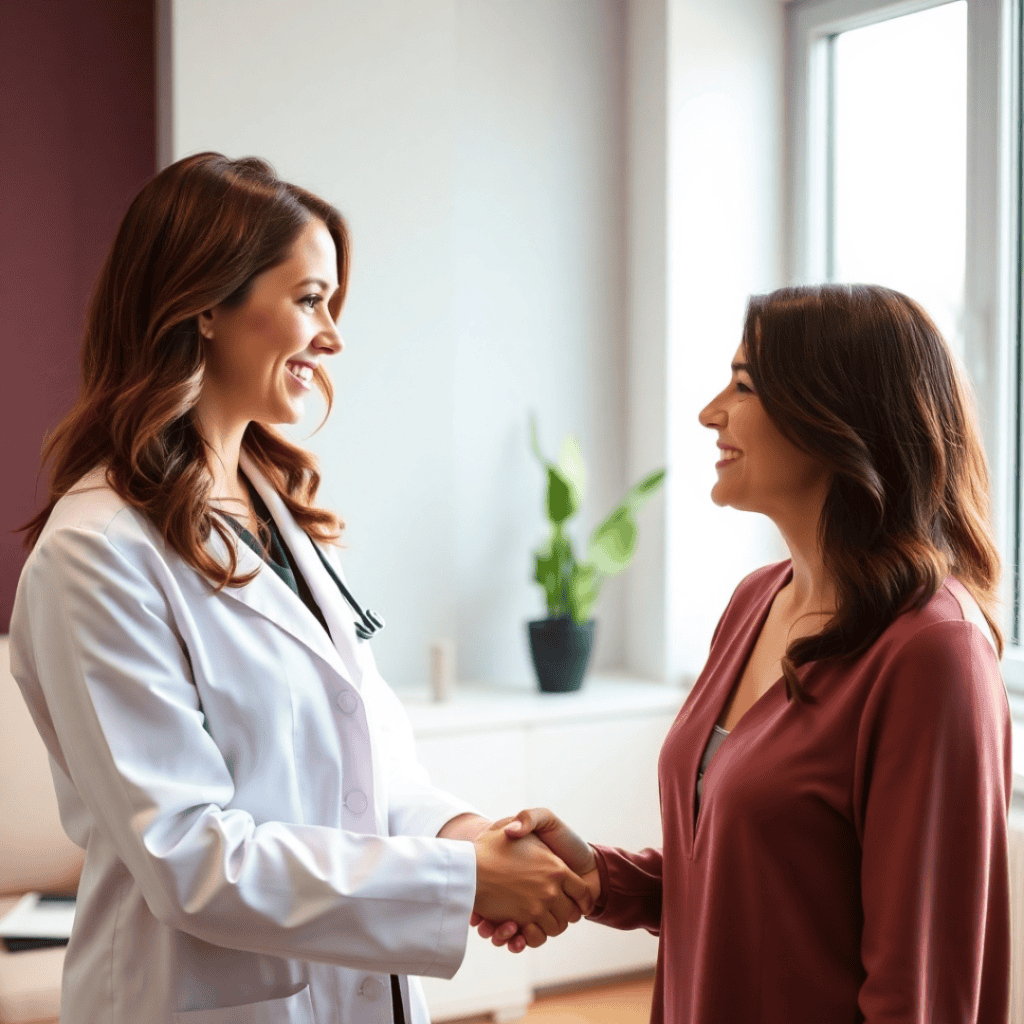 A female doctor congratulates a patient for regularly performing breast self-exams and taking proactive steps in her health.