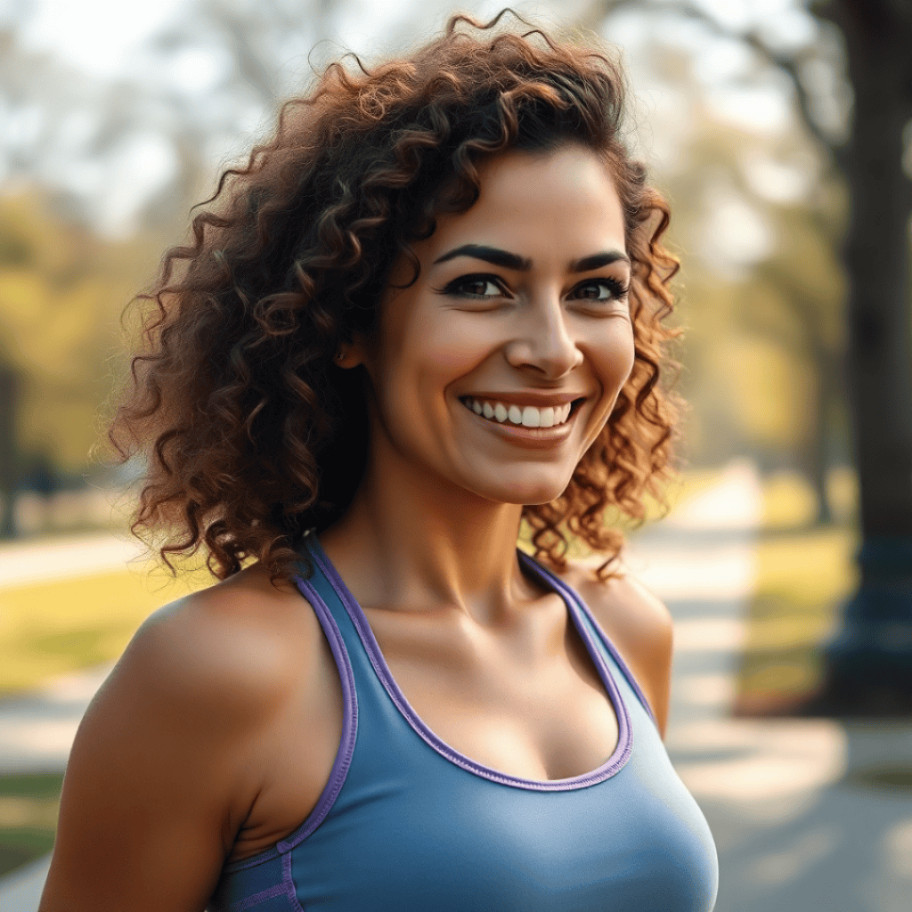 A confident woman smiling after completing a workout, feeling strong and empowered in her fitness journey.