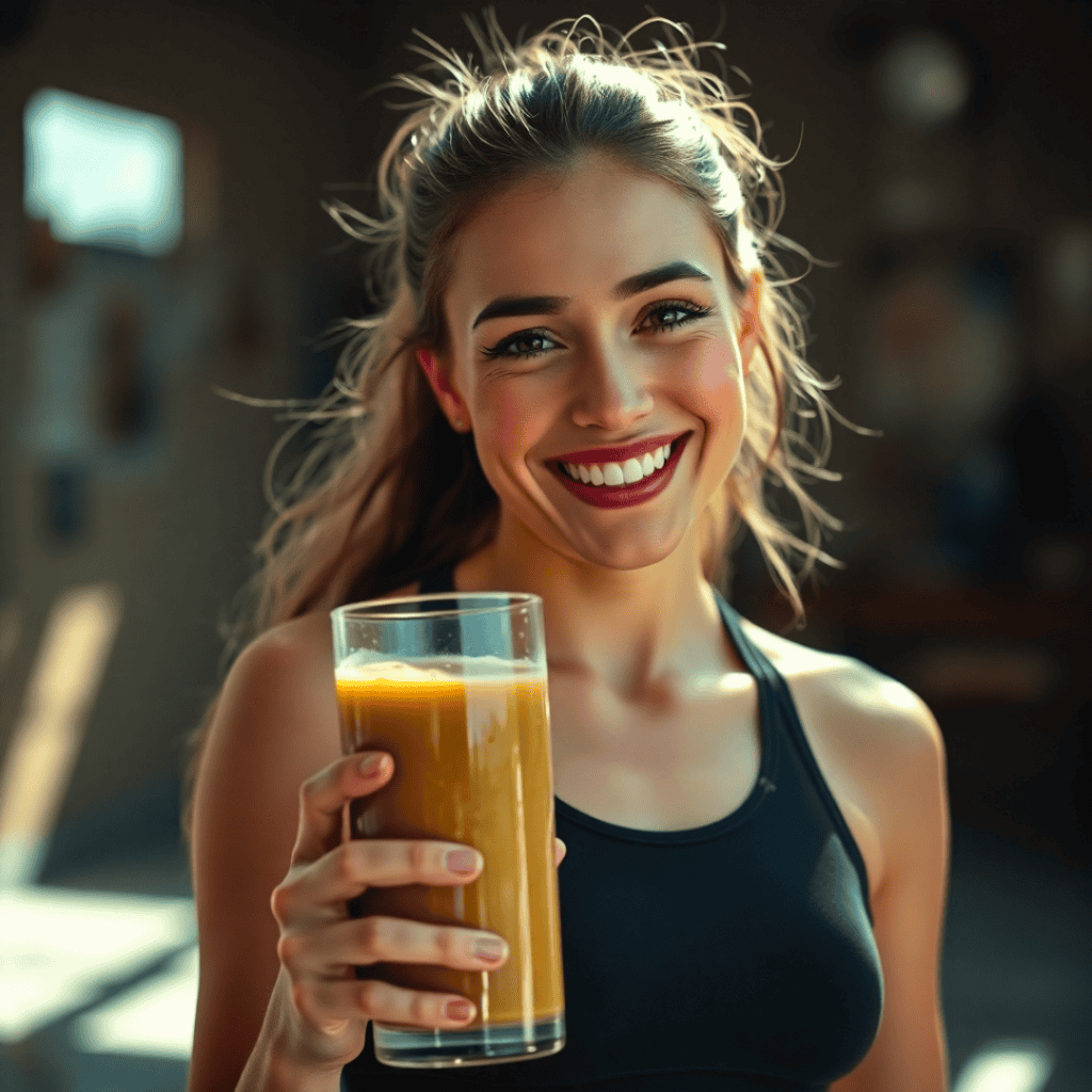 A smiling woman outdoors in workout gear, holding a fresh smoothie, looking happy and energetic as she embraces a healthy lifestyle.