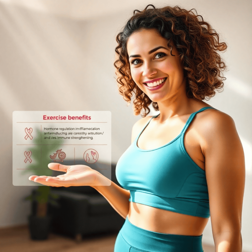 An infographic explaining how exercise prevents breast cancer, highlighting hormone regulation, inflammation reduction, and immune support.