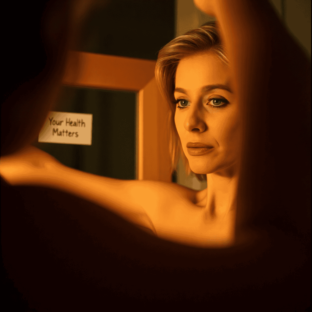 A woman in a tank top standing in front of a mirror, raising her arm while performing a breast self-exam for early breast cancer detection.