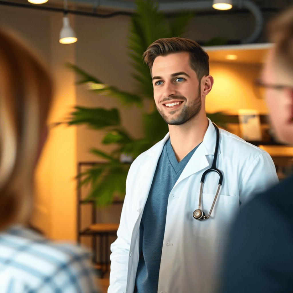 A medical professional using a tablet to explain how diet, stress, and lifestyle choices influence breast cancer inflammation.