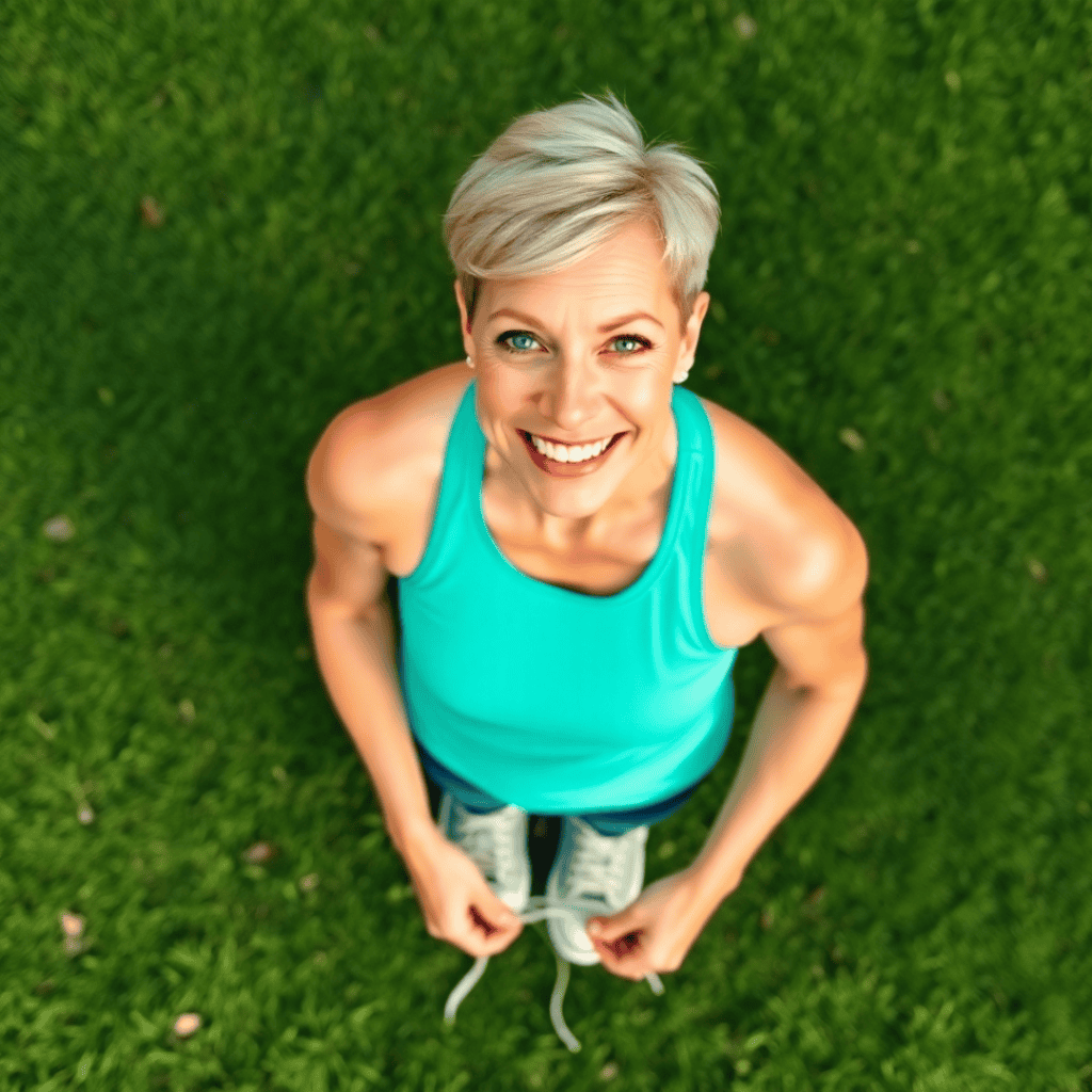 A strong breast cancer survivor in athletic wear ties her sneakers in a scenic park, preparing for a walk as part of a healthy lifestyle after treatment.
