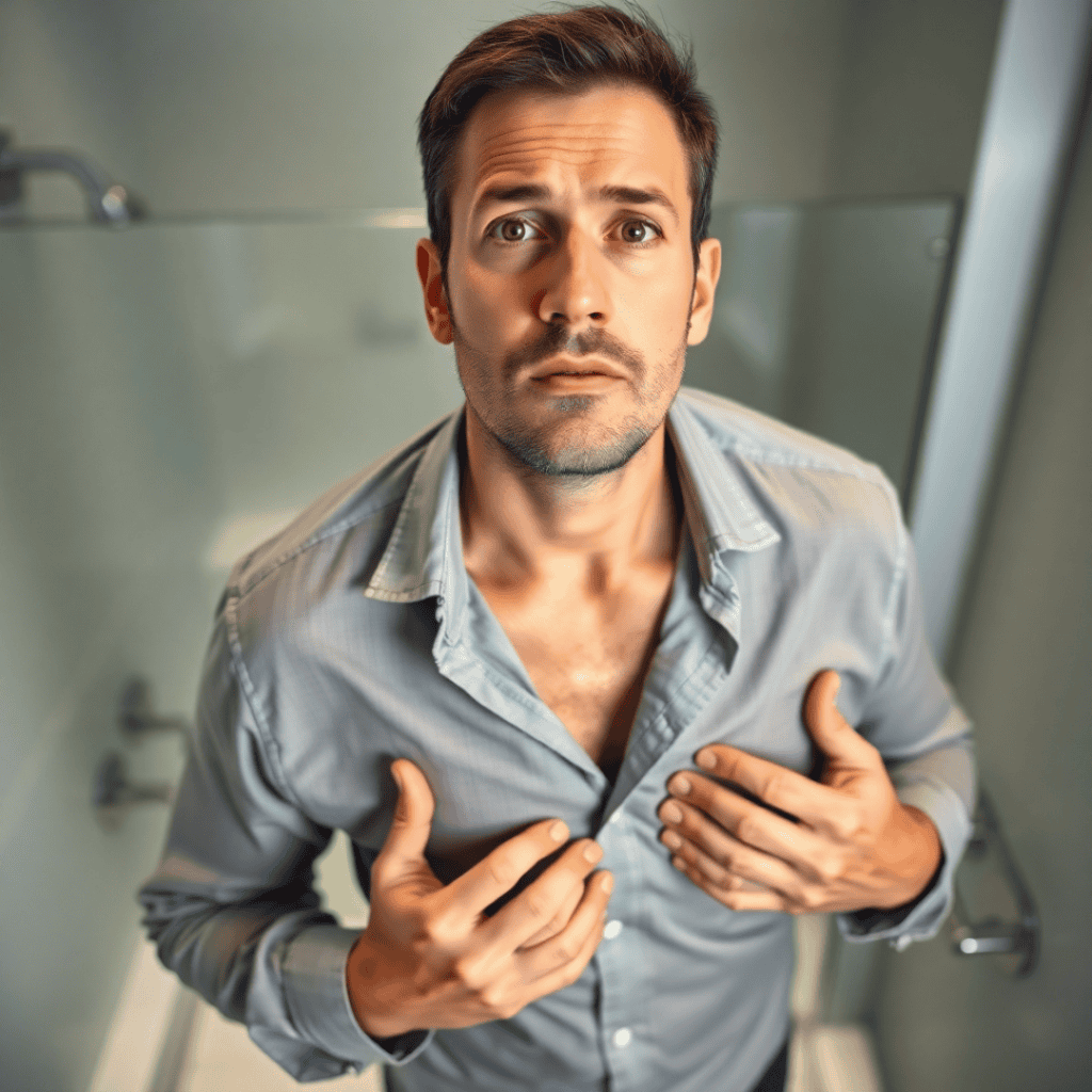 A 40-year-old man examining his chest in the mirror, looking concerned while performing a self-check for breast cancer for men.