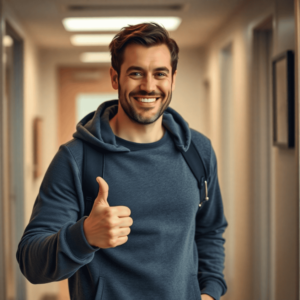 A 40-year-old man walking out of a doctor’s office, smiling and giving a thumbs-up after getting checked for breast cancer for men.