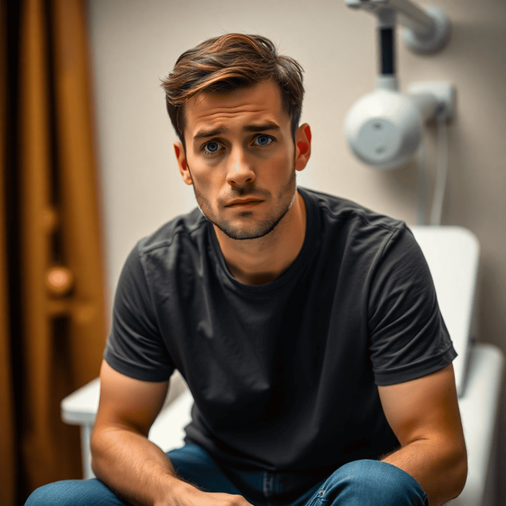 A 40-year-old man sitting on an exam table, discussing breast cancer for men symptoms with a friendly doctor.