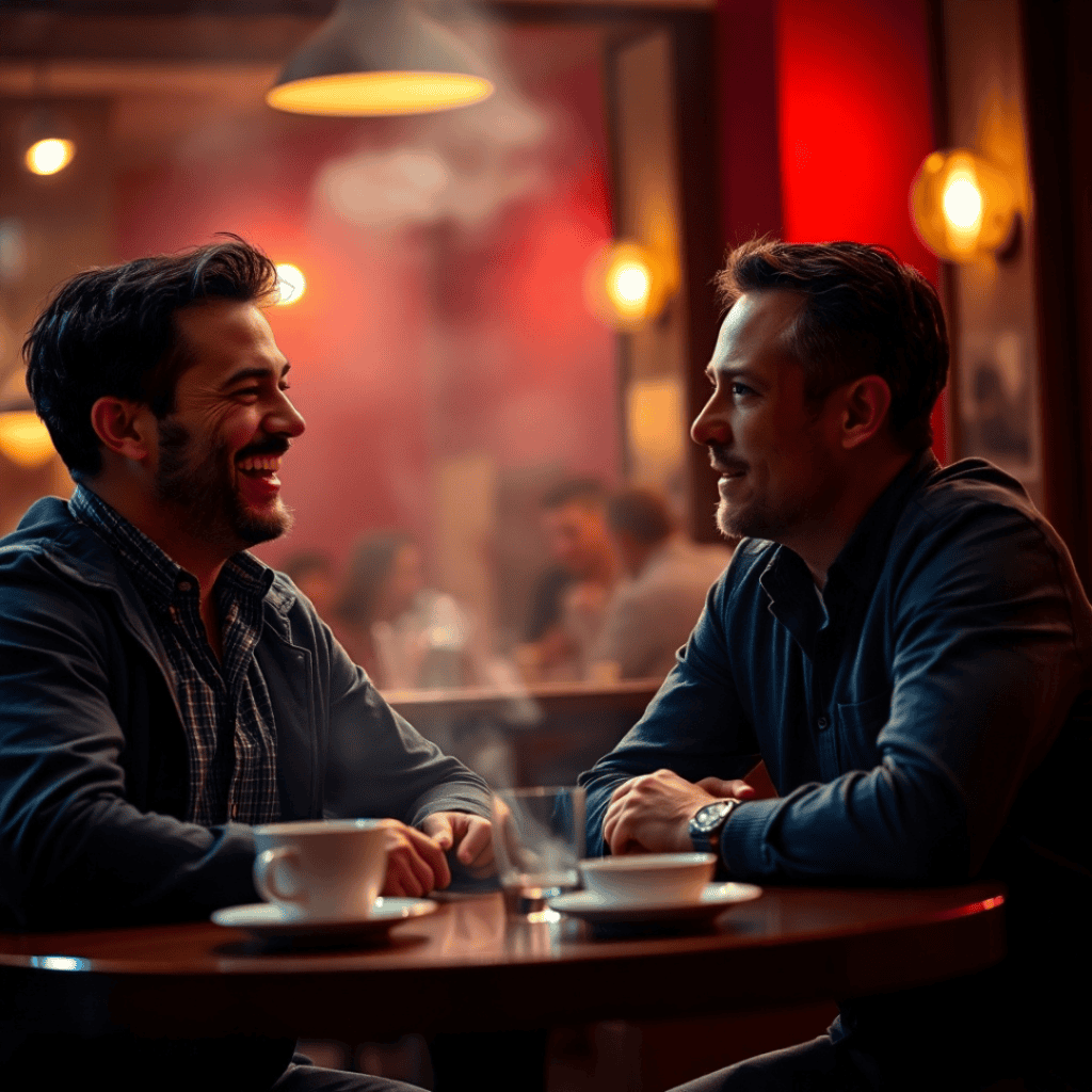 A 40-year-old man chatting with a friend at a coffee shop, sharing information about breast cancer for men.