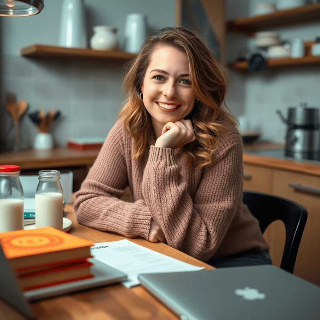 A woman reading research articles on a laptop, surrounded by books, exploring the science behind milk and cancer risk.
