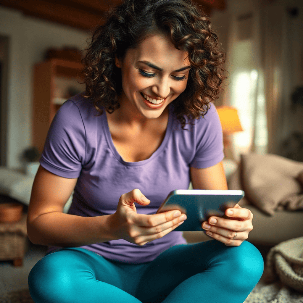 A busy woman incorporating exercise into her routine by stretching at her desk and doing bodyweight exercises at home.