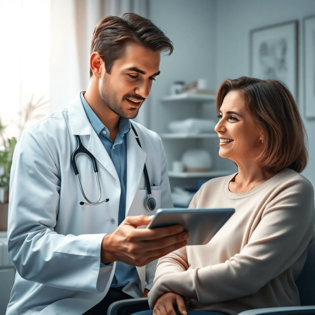 A patient reviewing inflammation test results, showing improvement after adopting an anti-inflammatory lifestyle.