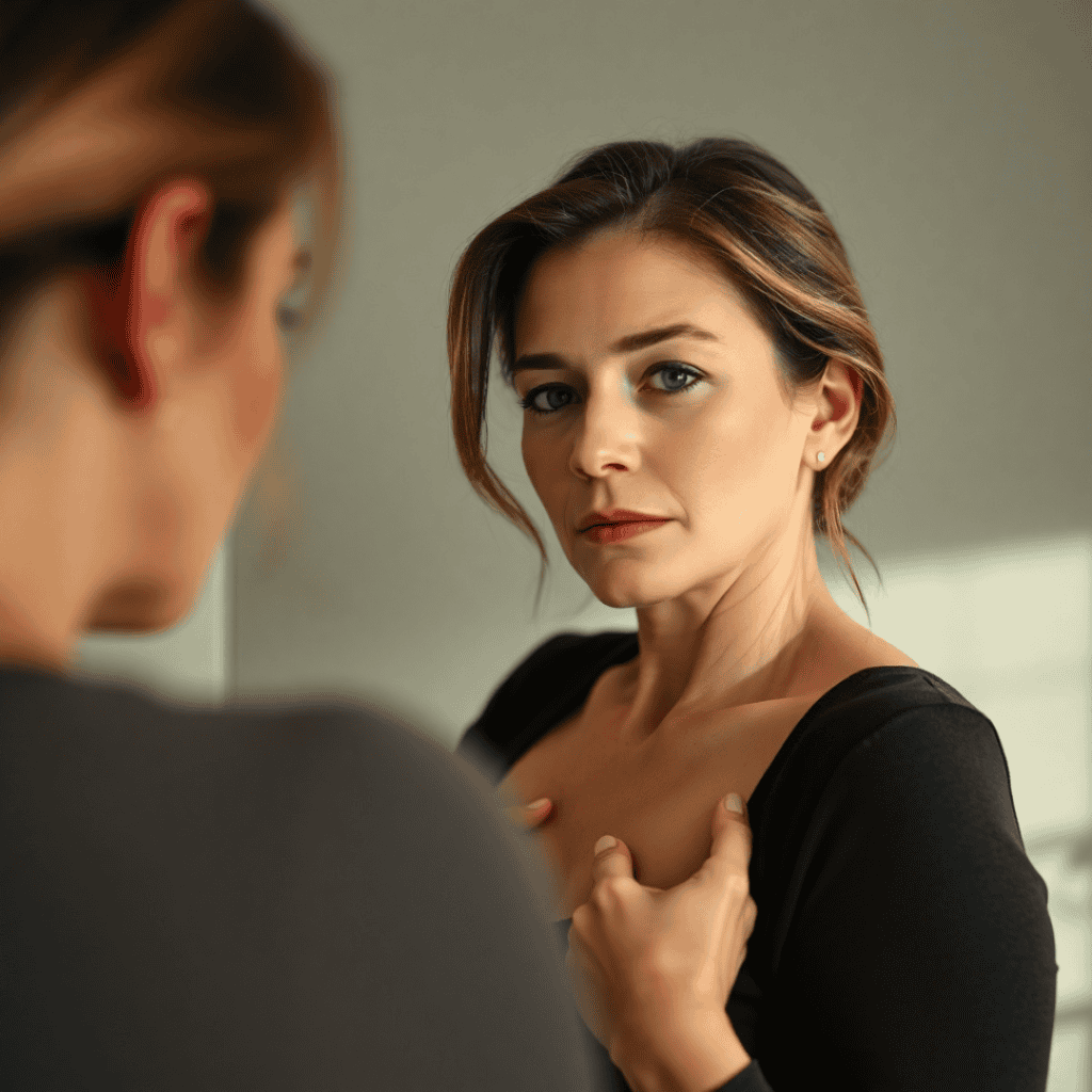 A woman in her 40s performs a breast self-exam at home after learning the technique from a doctor.