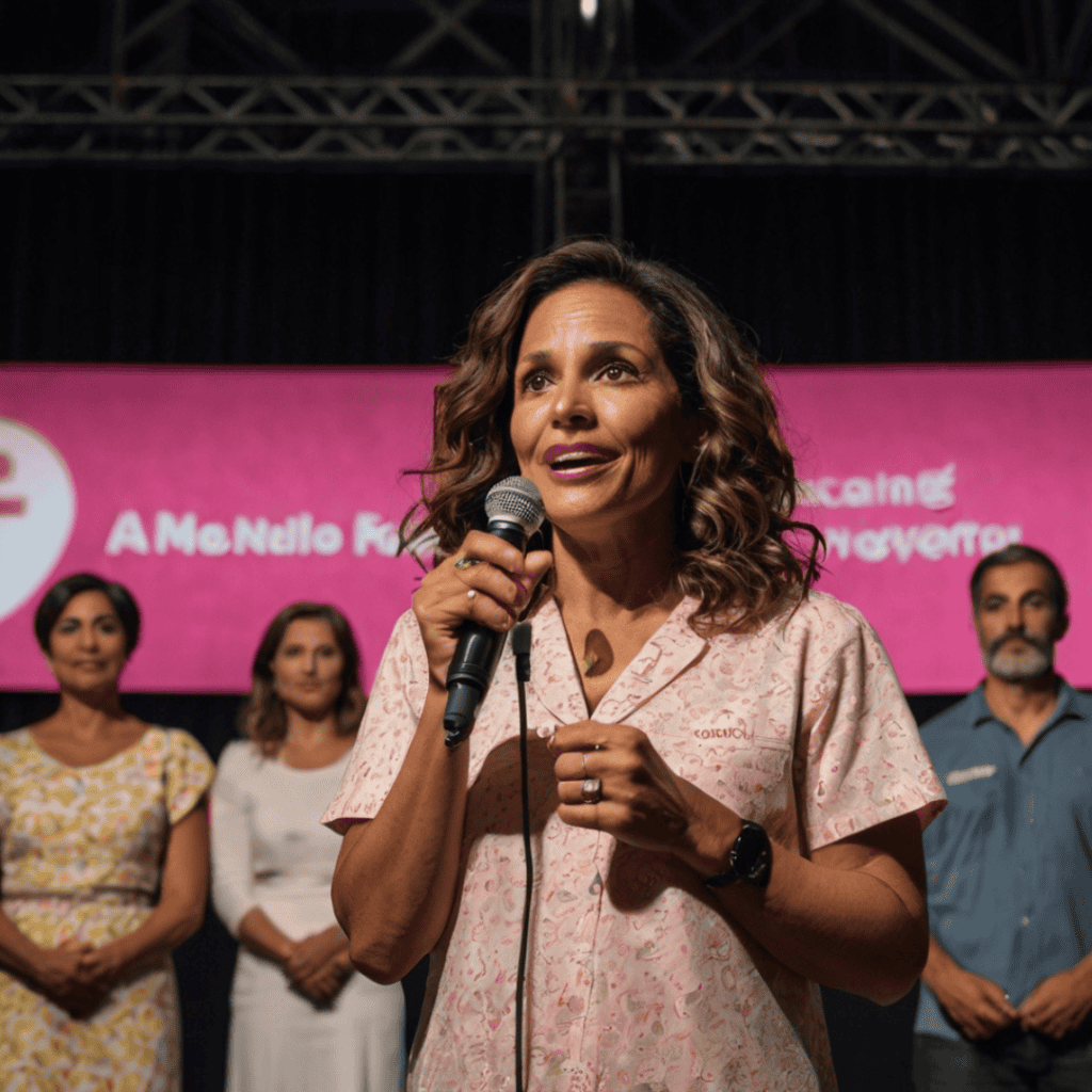 Olivia Reed speaks at a breast cancer awareness event, standing confidently in front of a supportive audience