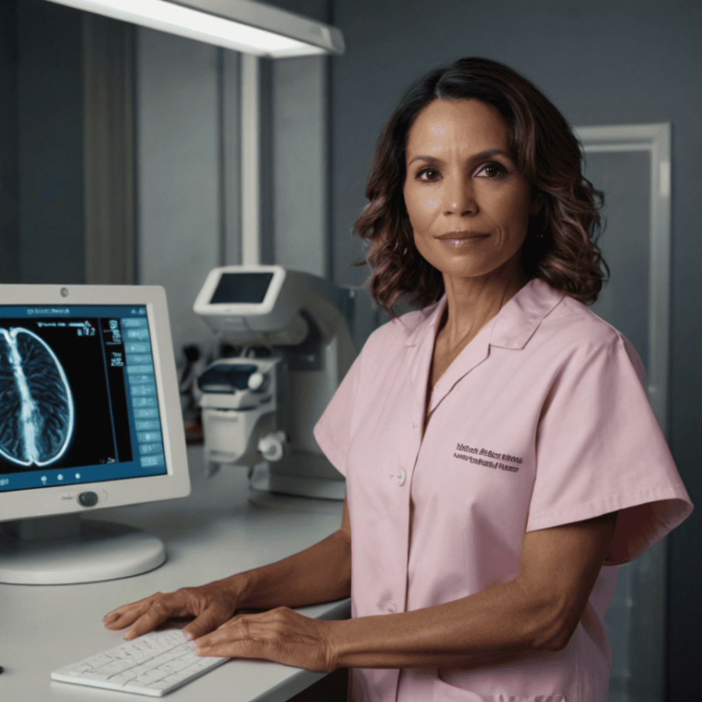 Olivia Reed in a medical gown, listening to a technician explain the mammogram process.