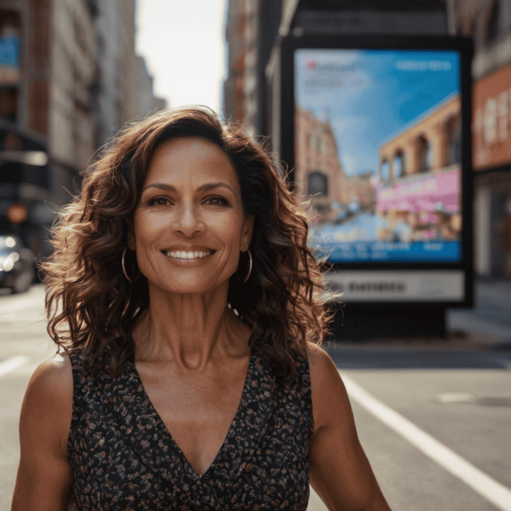 Olivia Reed walks confidently down a city street, smiling as she passes a breast cancer awareness billboard.