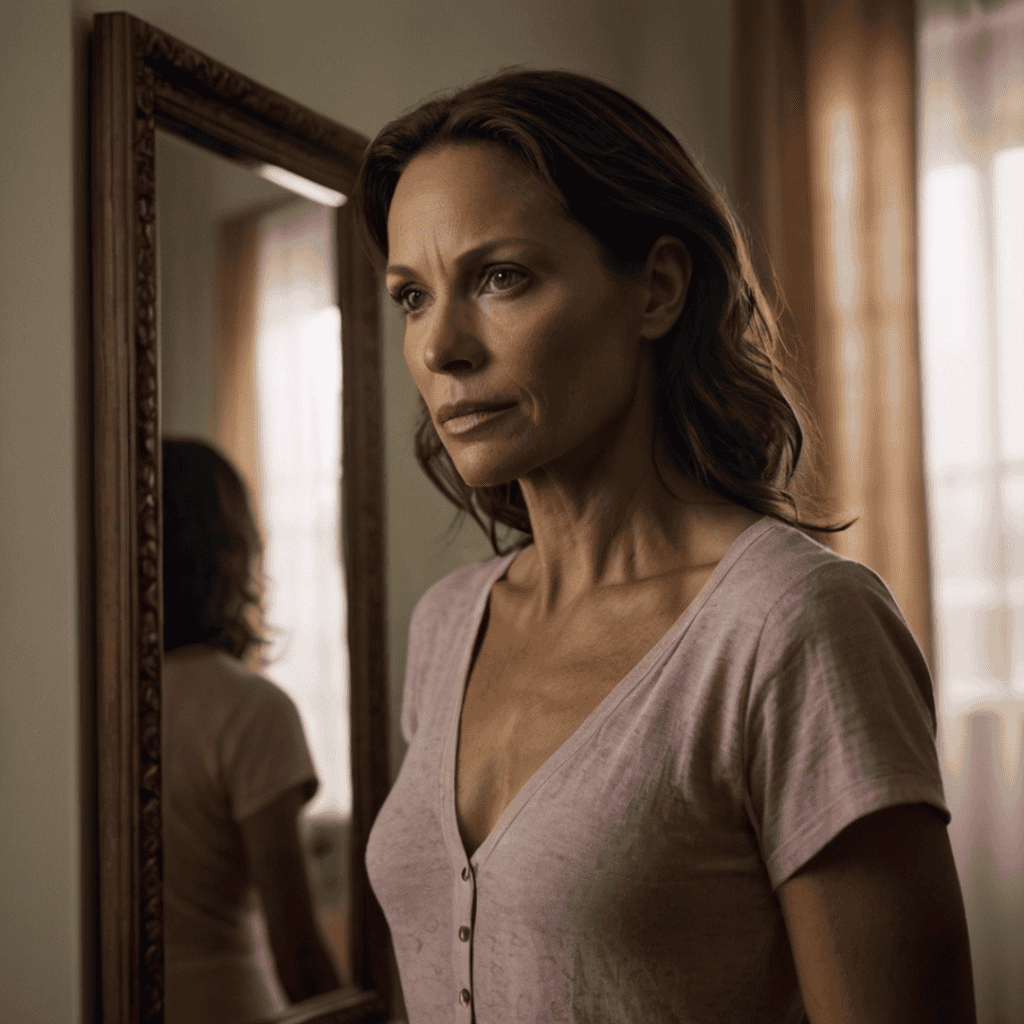 Olivia Reed touches her chest thoughtfully while looking in the mirror, contemplating the hidden risks of breast cancer.