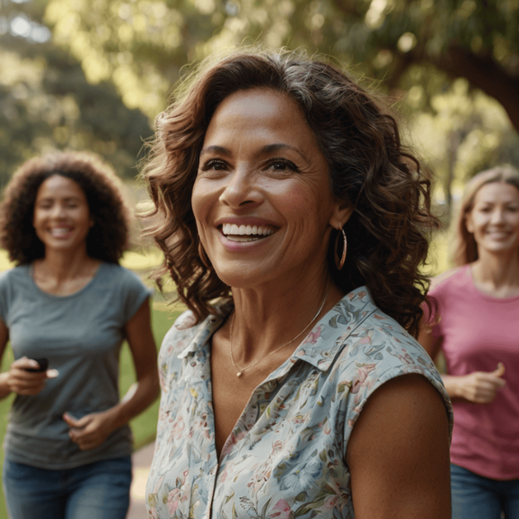 Olivia Reed walks with friends in a park, encouraging another woman to schedule her mammogram.