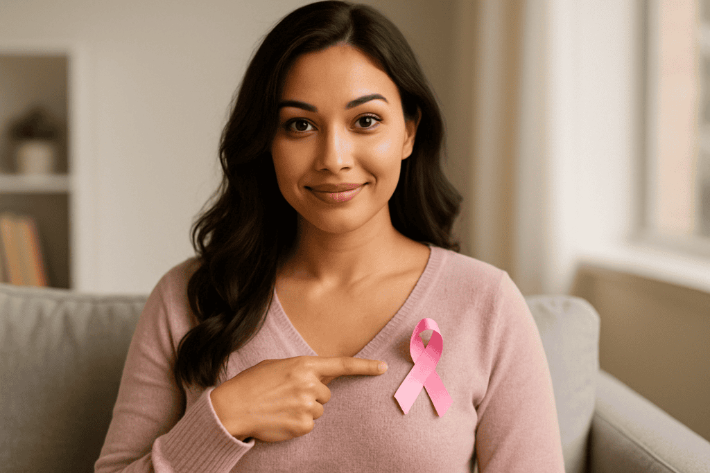 Young woman with medium skin tone seated at a desk, looking thoughtful and calm while reading breast cancer support information.