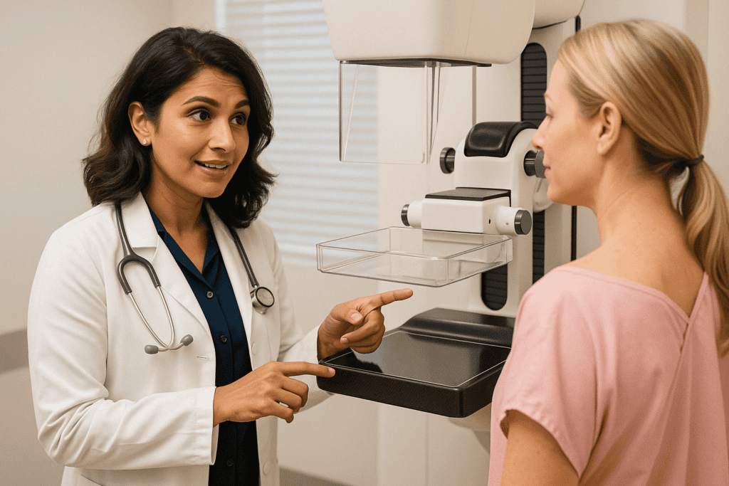 Female doctor explaining the mammogram procedure to a middle-aged patient in a medical office before breast cancer screening.