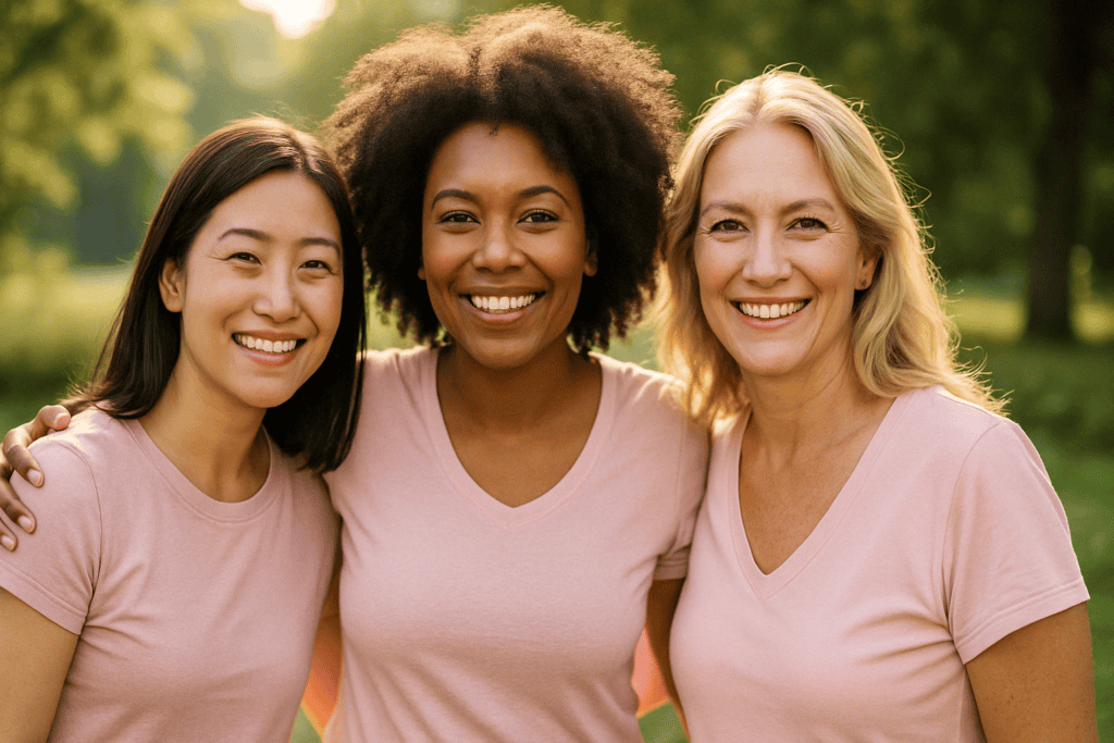 Three diverse women smiling and standing together outdoors, symbolizing unity, empowerment, and shared purpose in the mission to raise breast cancer awareness and support.